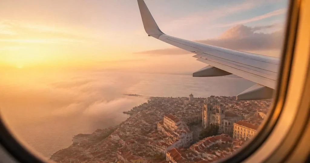 Airplane window view of a European city at sunrise on a flight to Europe